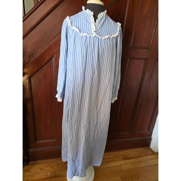 Vintage Lanz Of Salzburg Blue Striped Nightgown With Lace Trim M - Picture 1 of 6
